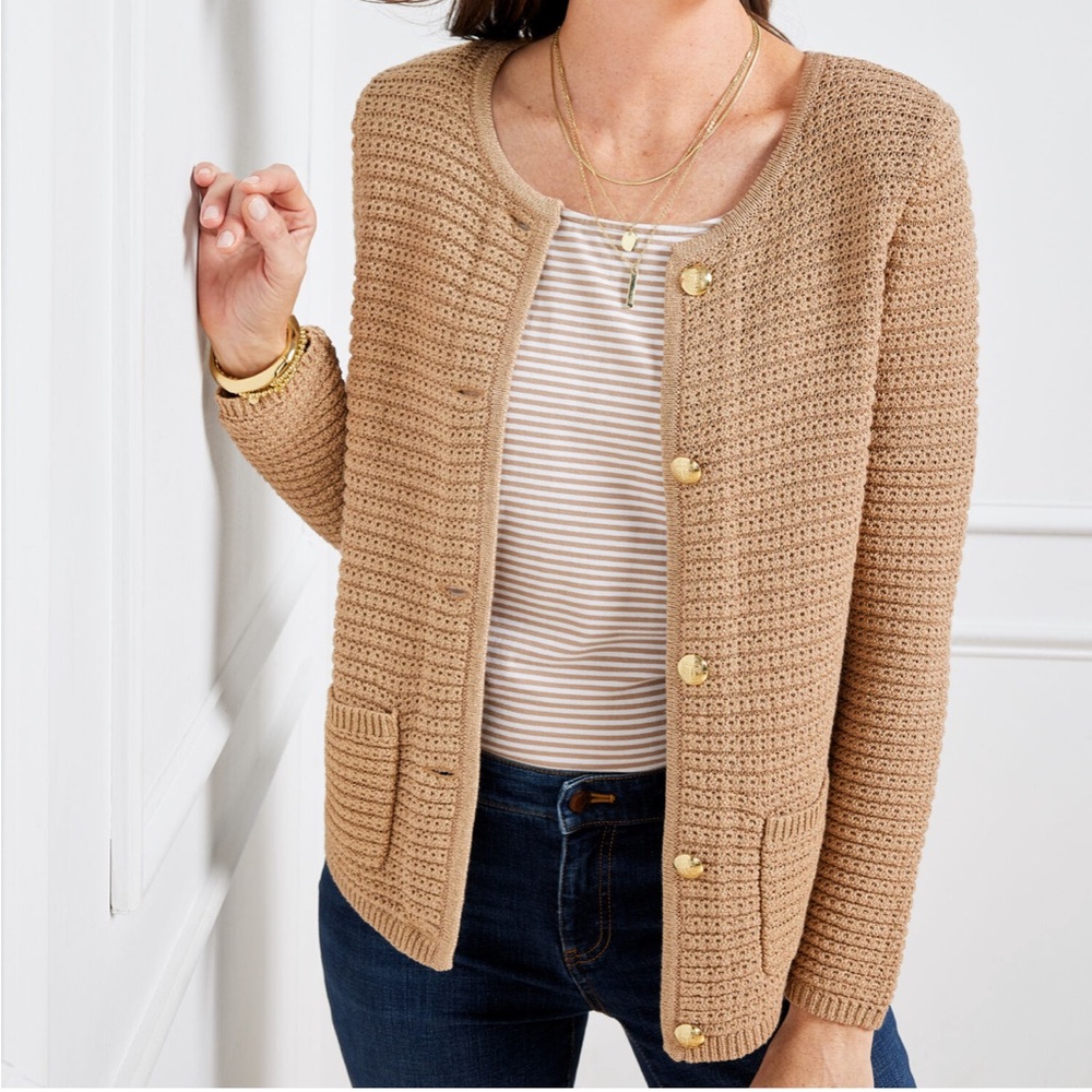 Talbots Kate Metallic Knit Button Up Crew Neck Cardigan Sweater Gold Shimmer XS‎